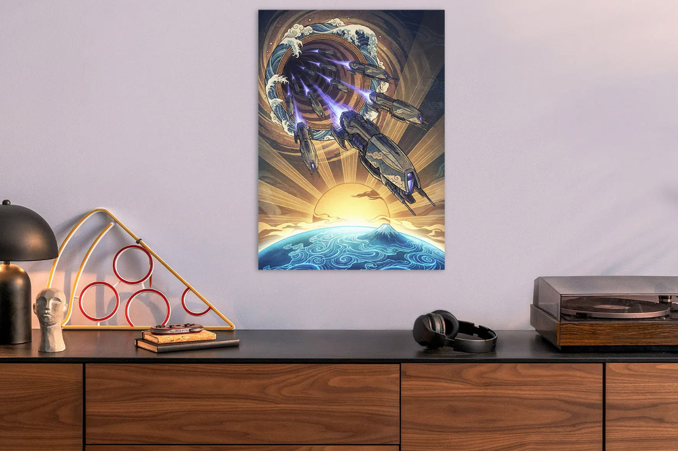 Spaceships Entering a Portal — metal poster wall art by Lineer